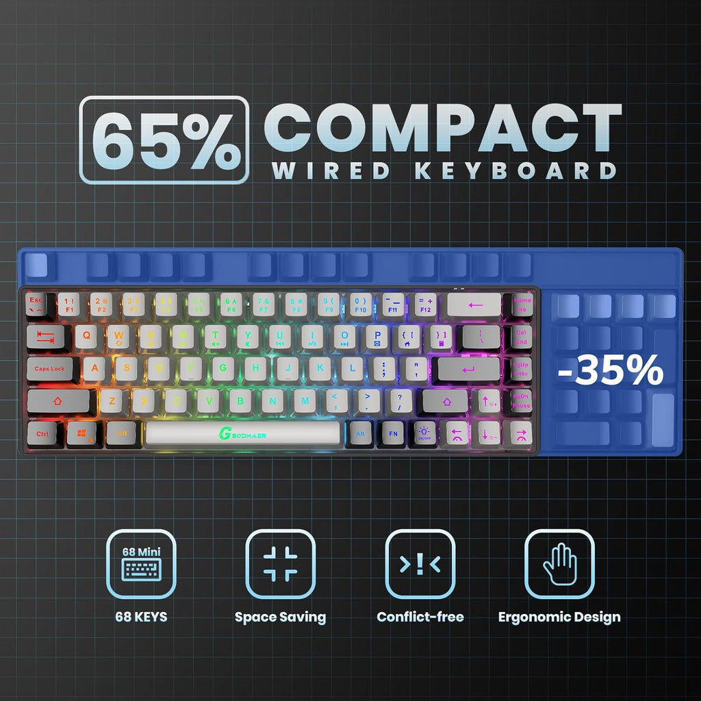 65% Gaming Keyboard, Wired Backlit Mini Keyboard, Ultra-Compact Anti-Ghosting No-Conflict 68 Keys Membrane Gaming Wired Keyboard for PC Laptop Windows Gamer
